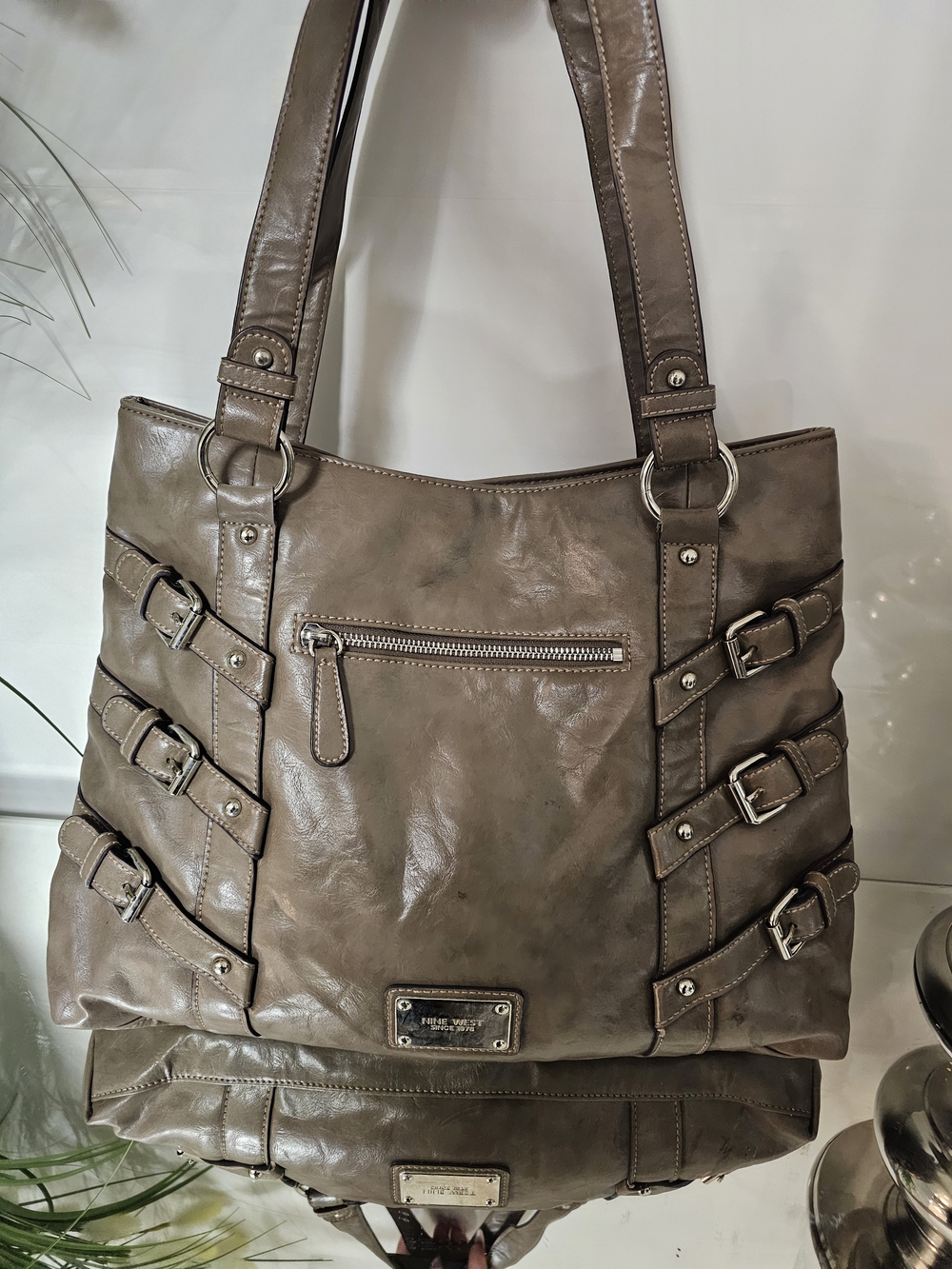 Nine West Taupe Buckle-Accent Shoulder Tote